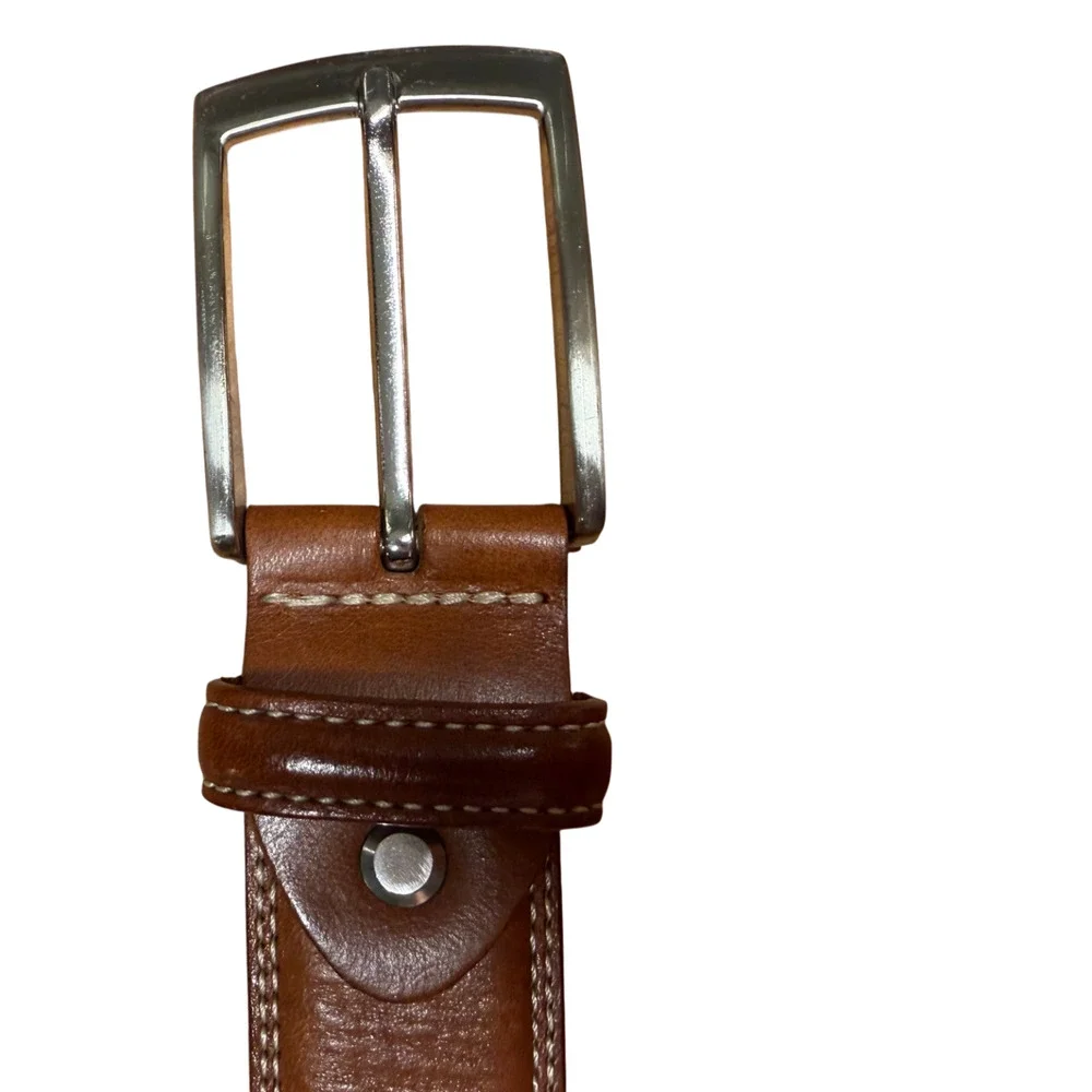 BRONZINO Brown Leather Belt Men's 34/85 Silver Buckle White Stitching Italy